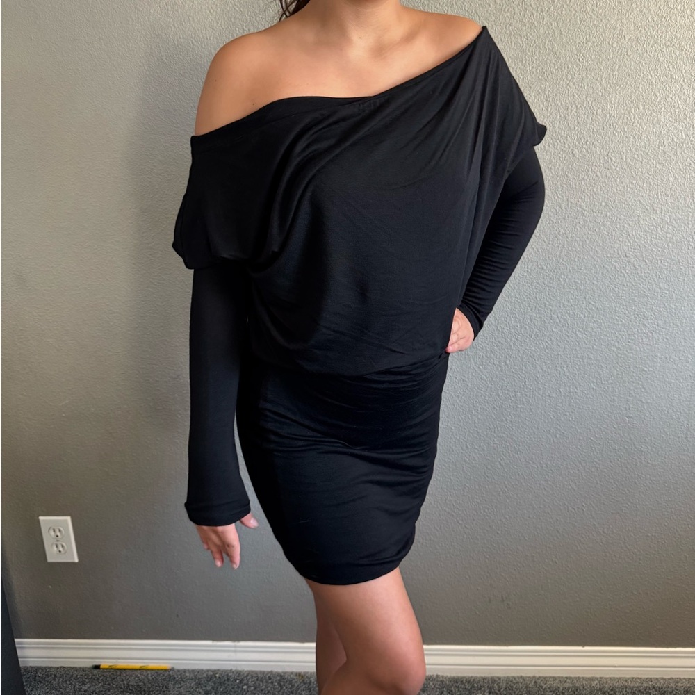 Black Off-Shoulder Bodycon Dress with Dolman Sleeves